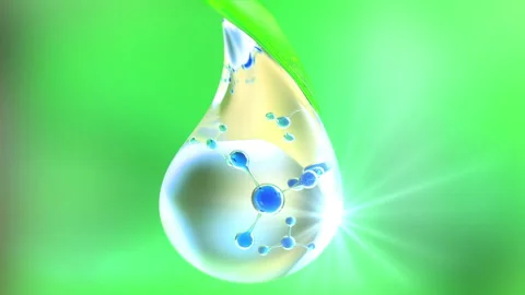 A Drop On Leaves water drop with molecules under microscope, pure micellar water Stock Footage 205618037
