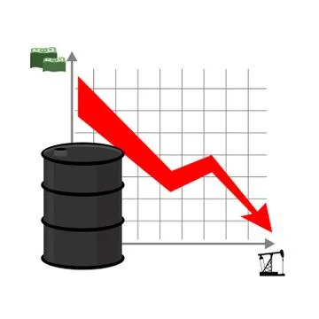 Drop in oil. Graph of  decline rate of oil industry. Red down arrow. Oil rig, Stock Illustration