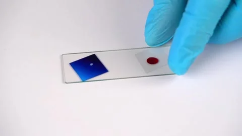 Drop of red liquid on the  microscope slide slow motion. Stock Footage 234650727