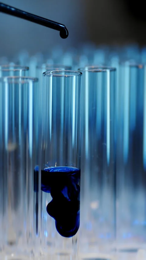 Drop of sample of blue liquid into a test tube in the laboratory. Stock Footage 302174753