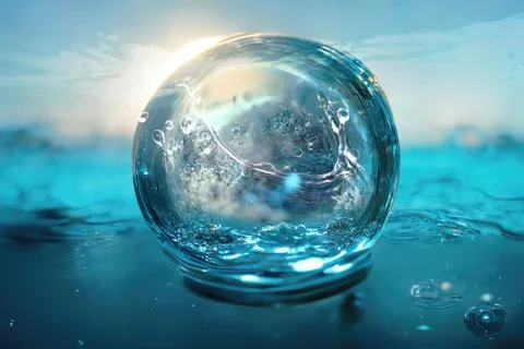 A drop on the surface of the water with glare from the sun and splashes inside Stock Photos