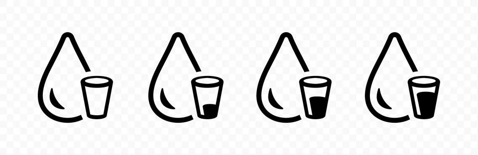 Drop of water with an empty, full and almost filled glass of liquid vector icon Stock Illustration
