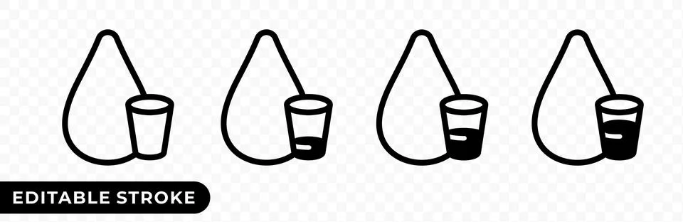 Drop of water with an empty, full and almost filled glass of liquid vector icon Stock Illustration