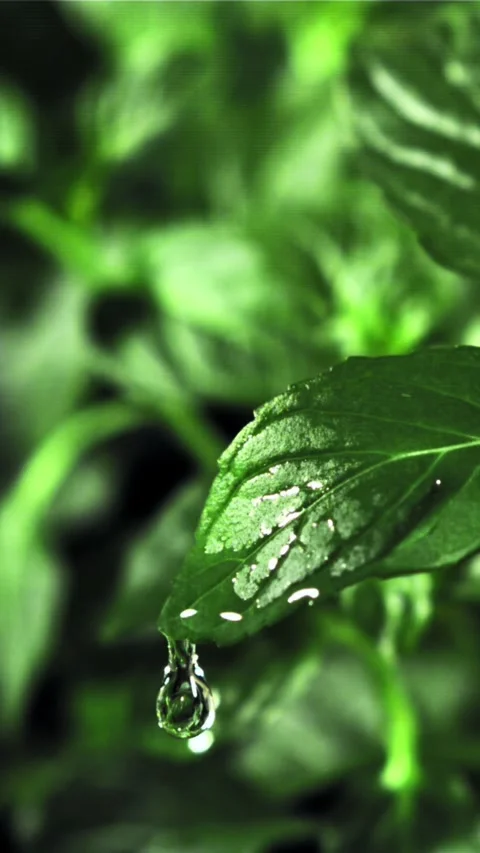 Drop of water falls from a green leaf. Filmed is slow motion 1000 fps Stock Footage 335293181