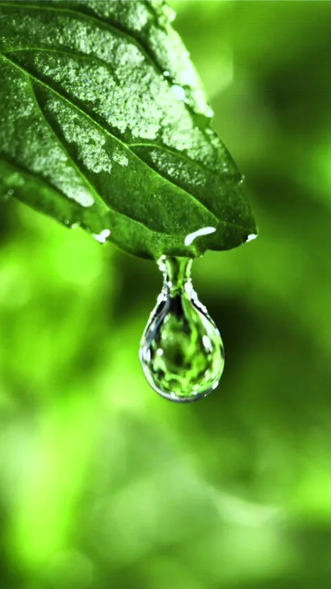 Drop of water falls from a green leaf. Filmed is slow motion 1000 fps Stock Footage 335293192