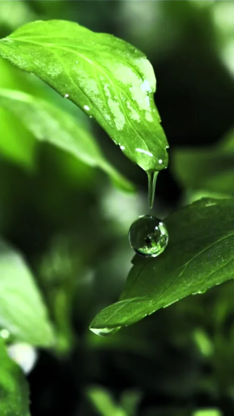 Drop of water falls from a green mint leaf. Filmed is slow motion 1000 fps Stock Footage 335293157