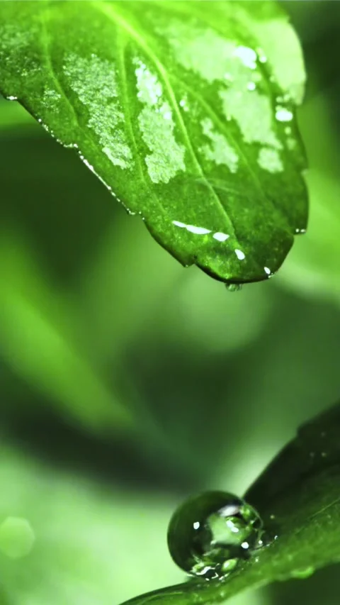 Drop of water falls from a green mint leaf. Filmed is slow motion 1000 fps Stock Footage 335293176