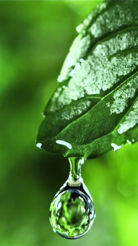 Drop of water falls from a green mint leaf. Filmed is slow motion 1000 fps Stock Footage 335293188