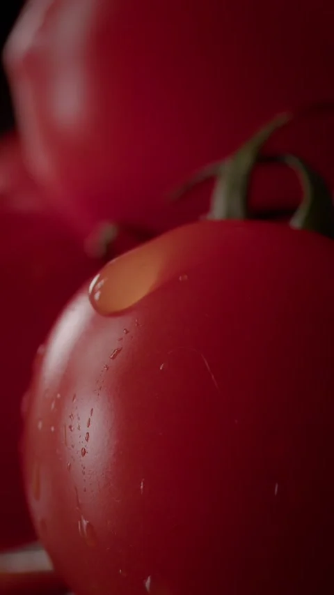 A drop of water flows down a ripe tomato 스톡 동영상 237706966