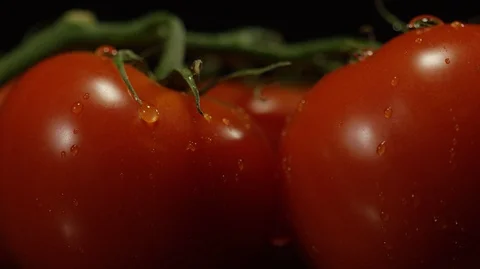 A drop of water flows down on a tomato Stock Footage 127832761