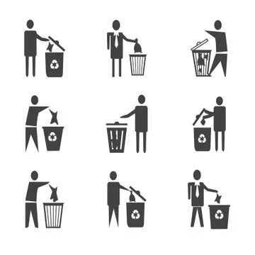 Drop your used tissue in dustbin icon set Stock Illustration