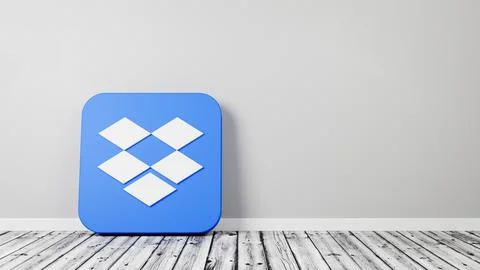 Dropbox App 3D Icon on Wooden Floor Against Gray Wall with Copy Space 3D Rend イラスト素材
