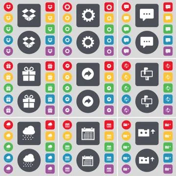 Dropbox, Gear, Chat bubble, Gift, Back, Mailbox, Cloud, Calendar, Cassette icon 스톡 일러스트