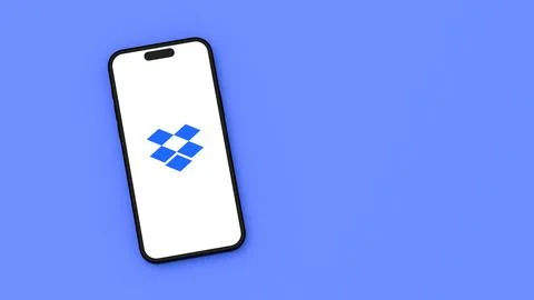 Dropbox Logo on Mobile Phone Screen on Flat Blue Background with Copy Space 3 Stock Illustration