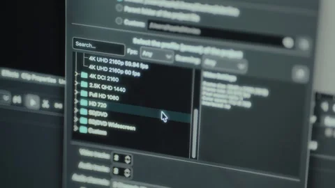 Dropdown menu with various resolution and frame rate options for video projects Stock Footage 326064778