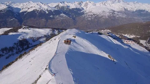 Dropdown view over restaurant with Mt Blanc 4K Stock Footage 128935042