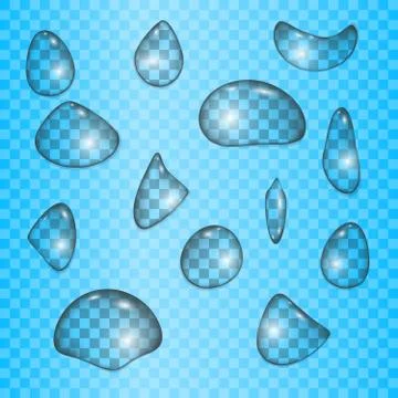 Droplets set with patch of reflected light. Transparent water droplets.  Stock Illustration