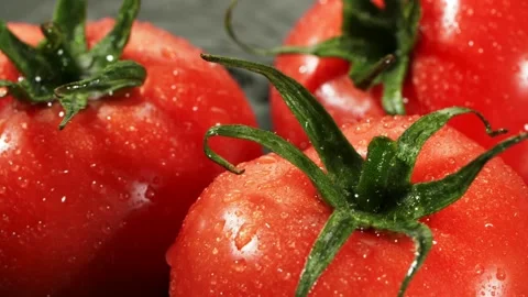 Droplets of water falling down on ripe red tomatoes in slow motion. Stock Footage 147381800