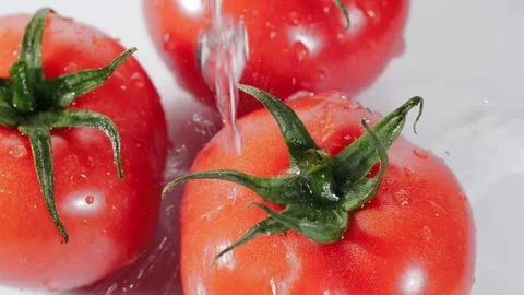 Droplets of water falling down on ripe red tomatoes in slow motion. Stock Footage 147381801