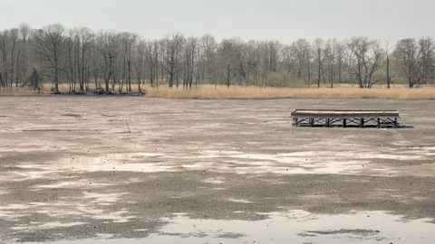 Dropped empty pond without water. Fishing pier in middle. Stock Footage 88329925