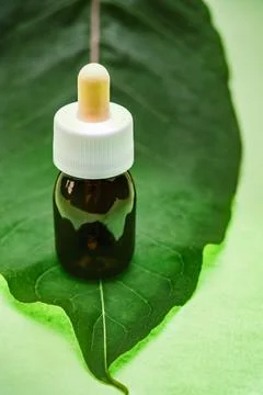 Dropper bottle with a tree leaf in the background. Stock Photos