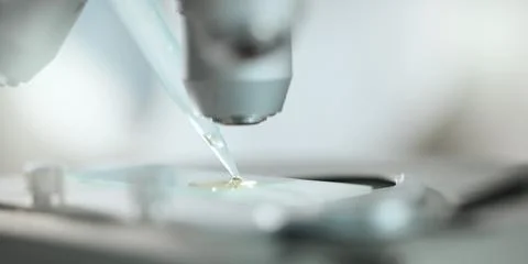 Dropper, science and microscope with sample in laboratory for medical resea.. Stock Photos