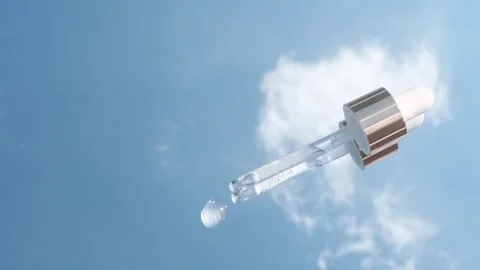 Dropper with serum on the mirror reflected in blue sky with clouds. Stock Footage 340545025