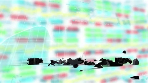 Dropping 3D dollar hitting plane exploding into debris while charts animating to Stock Footage 335314462