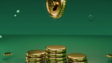 Dropping from above big gold coin rotating toward stacked coins on green table, Stock Footage 340268141