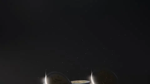 Dropping bi-metallic coins spinning and colliding over deep black backdrop, Stock Footage 337886000