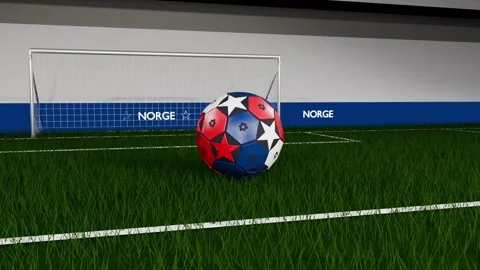 Dropping from cable, red-blue soccer ball bouncing on turf in front of goal for Stock Footage 333286147