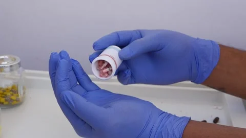 Dropping capsule over hand from a capsule box, Tablet box footage Stock Footage 147699947