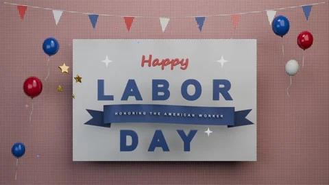 Dropping centered white panel starting Happy LABOR DAY animating on gingham Stock Footage 340268236