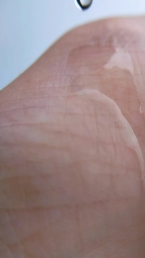 Dropping clear liquid cleansing soap onto the palm of a hand. Close up view Stock Footage 334874611