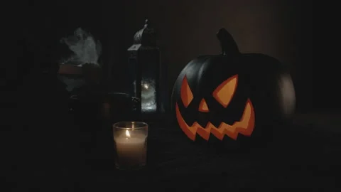 Dropping Dry Ice In Boiling Cauldron Then Spews Plumes of Smoke | Jack-O-Lantern Stock Footage 138190129