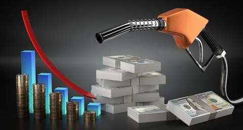Dropping fuel prices, dollars banknotes and fuel pistol - 3d illustration 库存插图