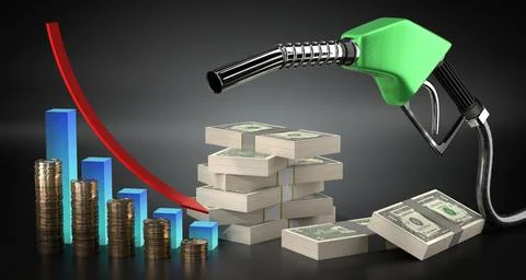 Dropping fuel prices, dollars banknotes and fuel pistol - 3d illustration イラスト素材