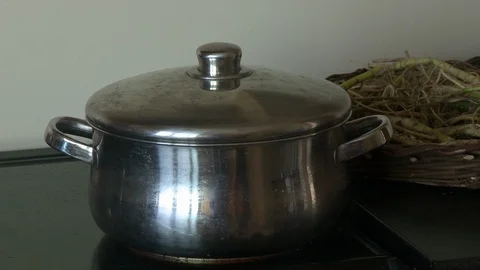 Dropping Lid Of Boiling Pot Stock Footage 115877111