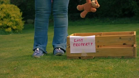 Dropping lost children toy teddy bear into lost property box Stock Footage 335103540