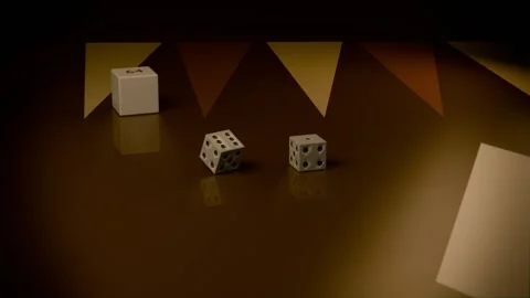 Dropping metallic dice rolling rotating on glossy brown tabletop in studio to Stock Footage 340268367