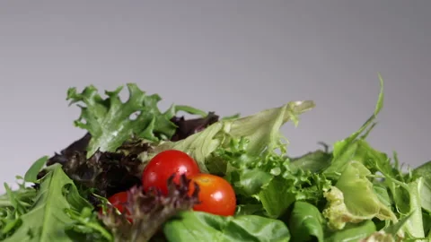 Dropping pouring caesar sauce sliced onion tomato mixed green salad leafs on whi Stock Footage 144310497