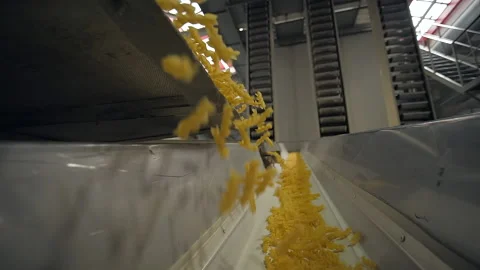 Dropping raw macaroni on a conveyor belt at the pasta factory Stock Footage 162479915