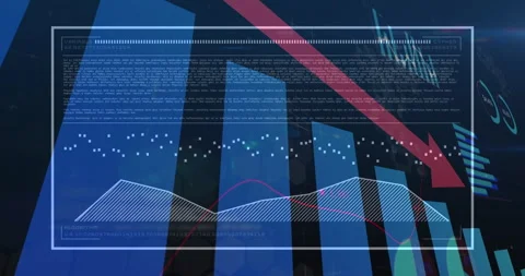 Dropping red arrow causing bars shrinking, drawing trendline, pulsing shading, Stock Footage 311216100
