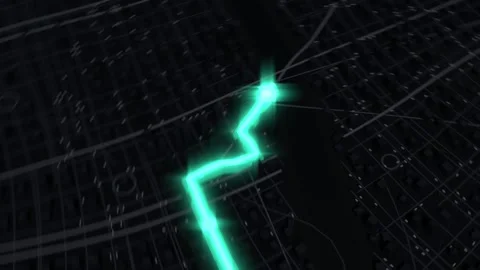 Dropping teal map pin initiating neon corridor tracing dark city grid, pulsing Stock Footage 339193973