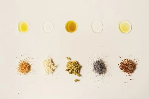 Drops of assorted vegetable oils for a healthy diet Stock Photos