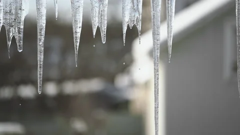Drops during the thaw. Spring melting of icicles on the roof of the house. Stock Footage 147087130