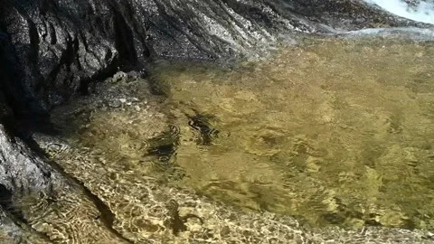 Drops fall on the water in a pool in the mountains (slow motion) Video stock 219646396