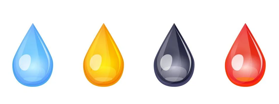 Drops icon set in falling liquid form, blue, yellow, black, red color. Simple Stock Illustration