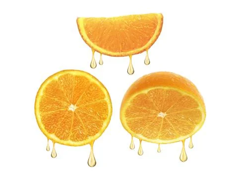 Drops of juice falling from orange half isolated on white background Stock Photos