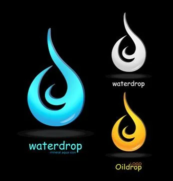Drops logos set on black background. Droplet logotype idea vector template Illustrazione stock